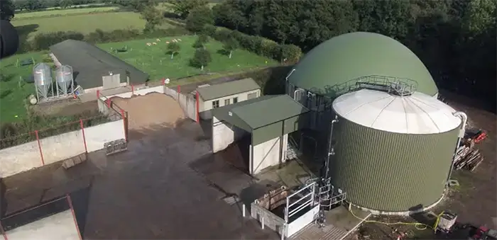 Image of a small biogas plant on mixed sheep, dairy and free-range chicken farm