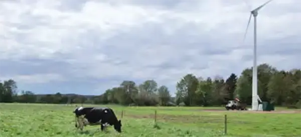 Image of a hropshire farm with EOS X-16 wind turbine producing 75,000 kWh/year.
